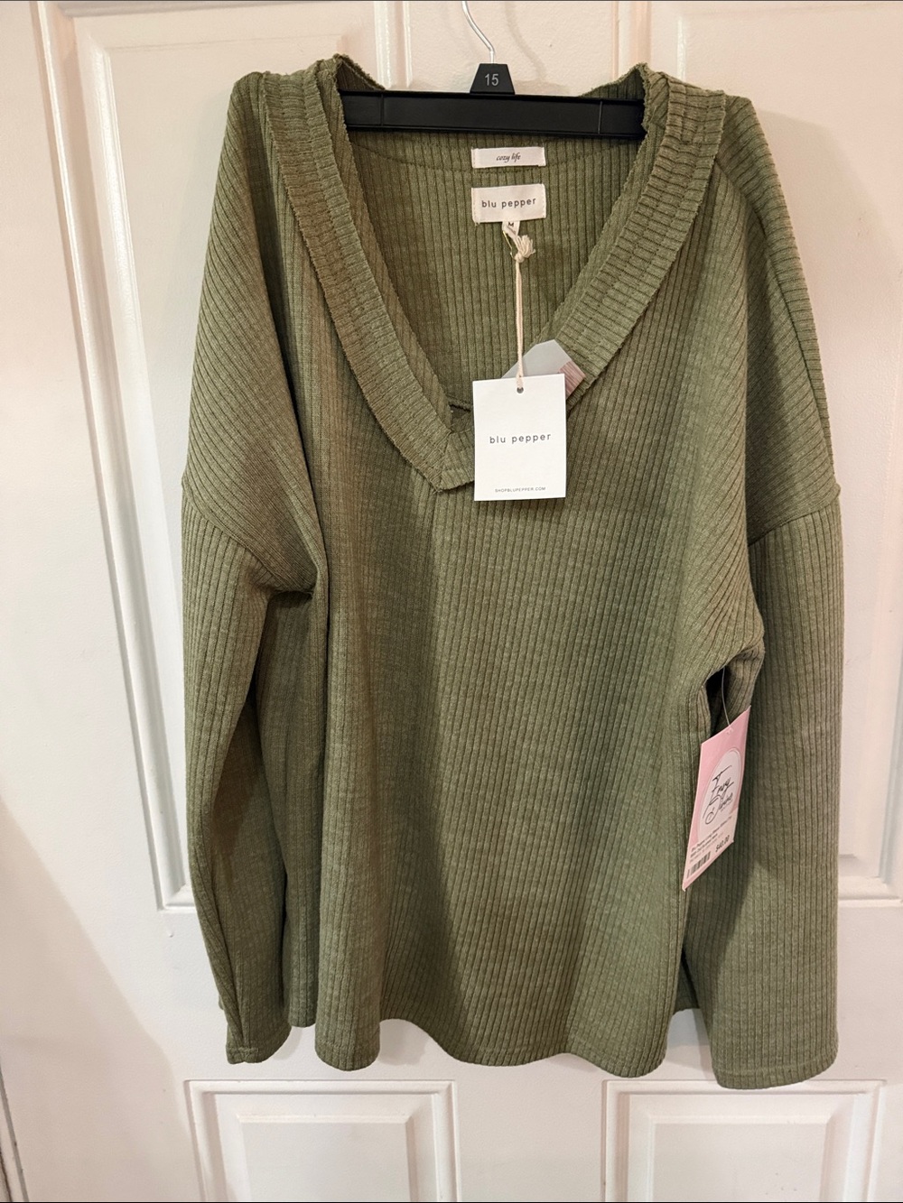 Blu Pepper Olive Ribbed V-Neck Pullover Sweater